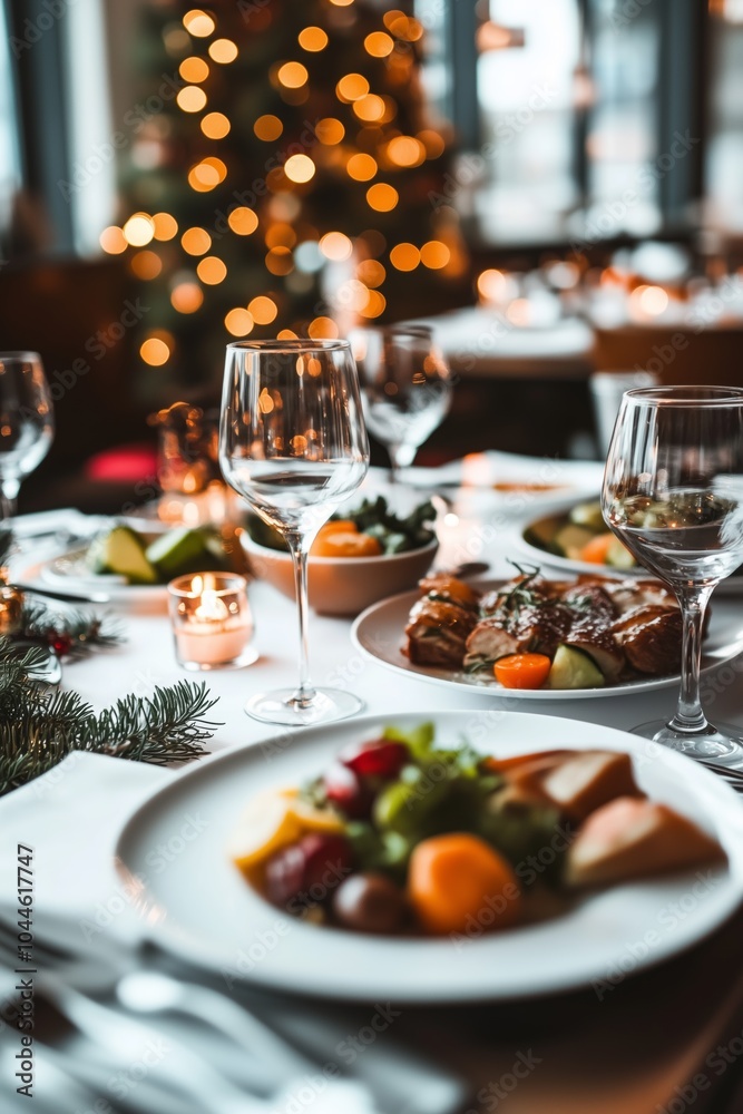 Elegant holiday meal setting with candles and Christmas tree, perfect for festive family gatherings and celebrations.