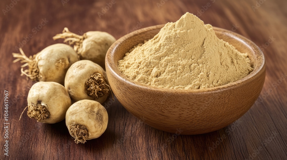 Maca root powder in a wooden bowl alongside fresh maca roots on a wood surface Maca root powder in a wooden bowl alongside fresh maca roots on a wood surface