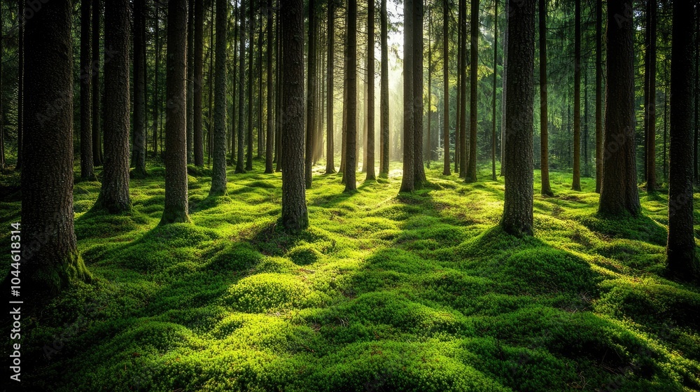 Fototapeta premium Serene Forest Glade with Sunlight Through Trees