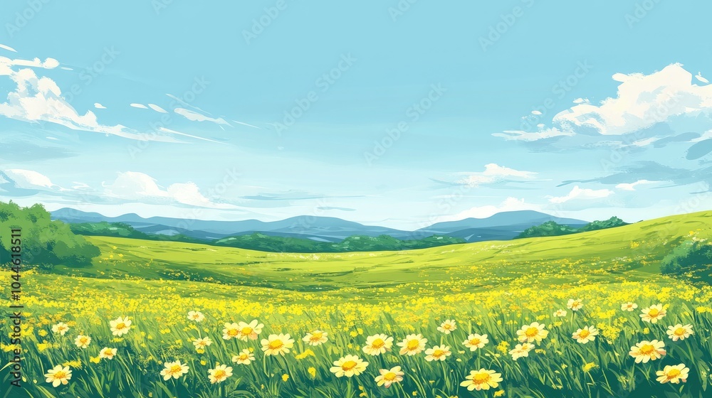 Vibrant Meadow Under Blue Sky with White Clouds Vibrant Meadow Under Blue Sky with White Clouds