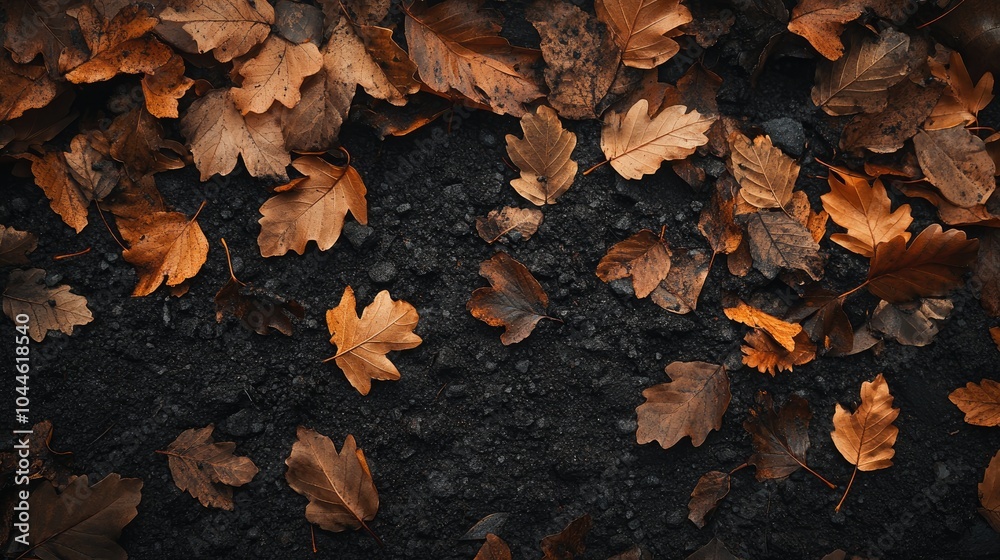 Close up image of brown autumn leaves laid on dark soil with additional leaves cascading down forming a picturesque autumn atmosphere Close up image of brown autumn leaves laid on dark soil with additional leaves cascading down forming a picturesque autumn atmosphere