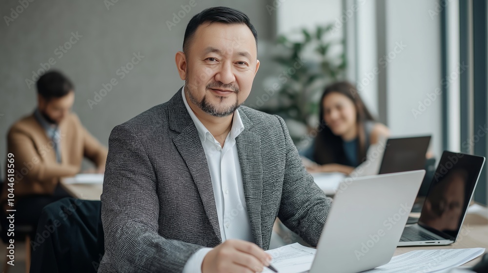 Confident Businessman Smiling While Working in a Professional Office Setting with Colleagues Confident Businessman Smiling While Working in a Professional Office Setting with Colleagues