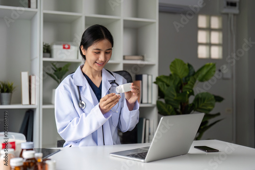 Female Doctor Administers Medicine in Modern Medical Office Setting with Professional Care and Attention to Patient Health and Wellbeing