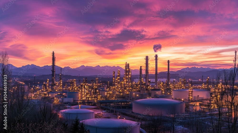 Fototapeta premium Panoramic view of an industrial complex at sunset highlighting towers storage tanks and a colorful sky