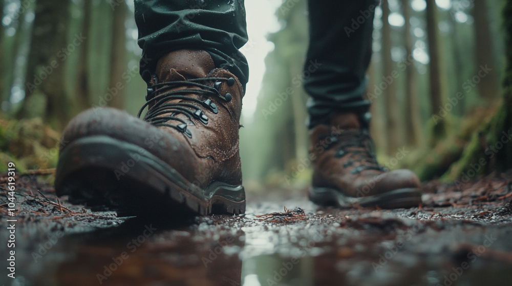 Exploring a misty forest trail on National Hiking Day with sturdy boots and fresh air Exploring a misty forest trail on National Hiking Day with sturdy boots and fresh air