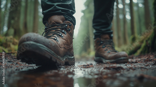 Exploring a misty forest trail on National Hiking Day with sturdy boots and fresh air