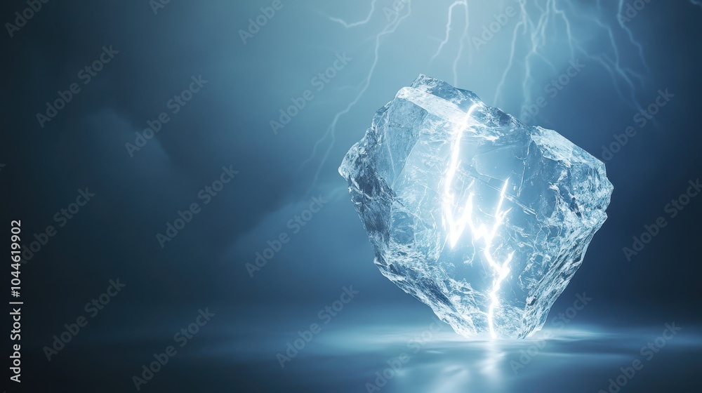 Fototapeta premium A glowing, cracked ice heart illuminated by electric blue lightning against a dark backdrop, symbolizing power and fragility.