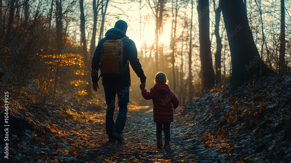 Family hiking together on National Hiking Day during sunset in a serene forest trail Family hiking together on National Hiking Day during sunset in a serene forest trail