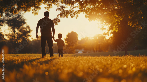 A father and son enjoy a sunset hike on National Hiking Day in a serene park setting photo