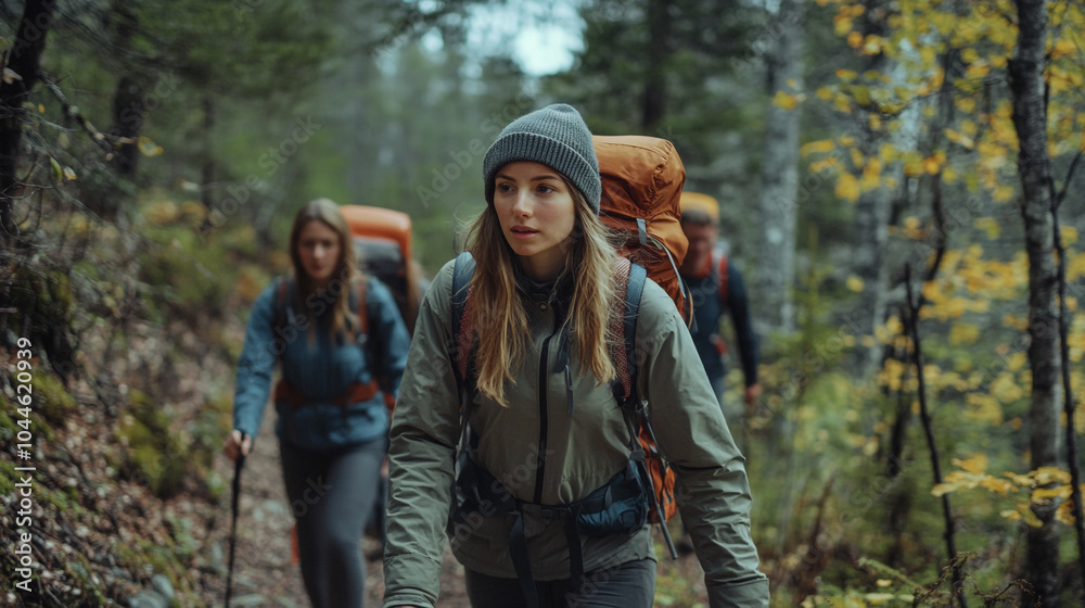 Hikers traverse a wooded trail during National Hiking Day in a beautiful fall landscape Hikers traverse a wooded trail during National Hiking Day in a beautiful fall landscape