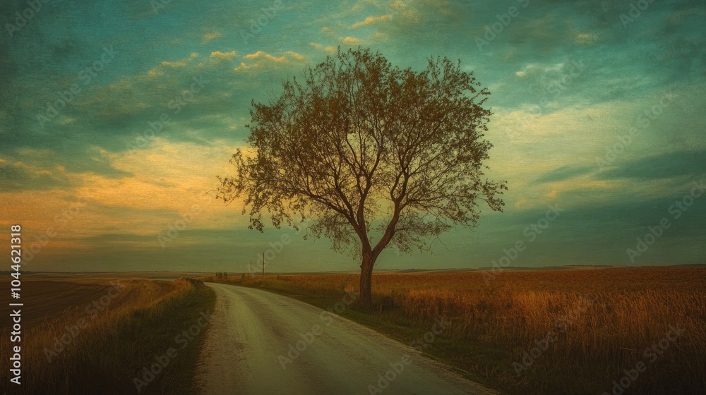 Evening scene of a tree beside a road Evening scene of a tree beside a road