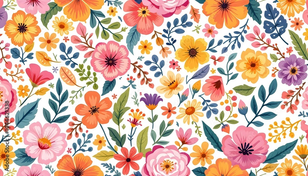 A vibrant floral pattern with a variety of colorful flowers and leaves on a white background. Assorted colorful floral on a white background. Floral seamless pattern on a white backdrop A vibrant floral pattern with a variety of colorful flowers and leaves on a white background. Assorted colorful floral on a white background. Floral seamless pattern on a white backdrop