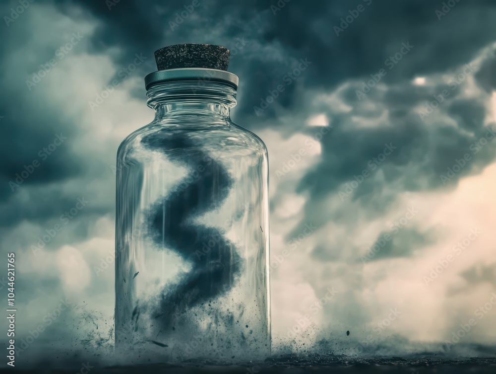 A mystical bottle containing a swirling essence, surrounded by dramatic clouds, evokes a sense of mystery and enchantment. A mystical bottle containing a swirling essence, surrounded by dramatic clouds, evokes a sense of mystery and enchantment.