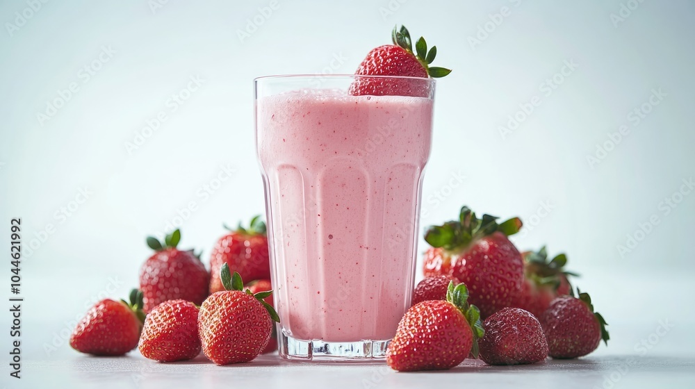A large glass filled with a refreshing pink beverage made from ripe red strawberries and creamy organic milk surrounded by fresh strawberries set against a white background Tasty pink smoothie A large glass filled with a refreshing pink beverage made from ripe red strawberries and creamy organic milk surrounded by fresh strawberries set against a white background Tasty pink smoothie