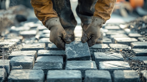 Construction worker setting granite cobblestones on a pathway