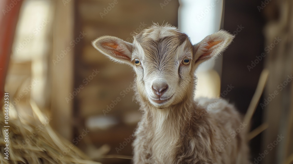 Obraz premium Young goat kid with blurred barn backdrop showcasing intricate details on its head