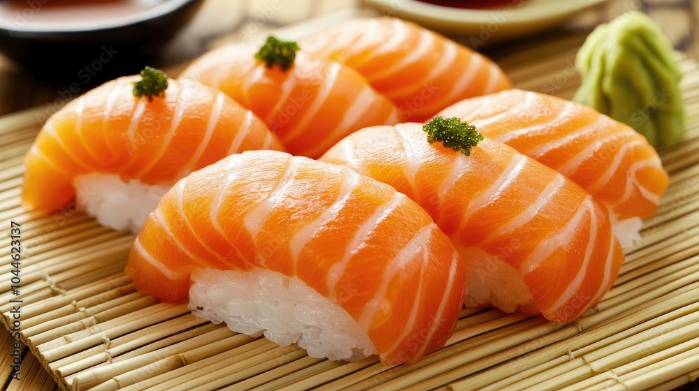 Fresh Sushi on Bamboo Mat with Wasabi Garnish Fresh Sushi on Bamboo Mat with Wasabi Garnish
