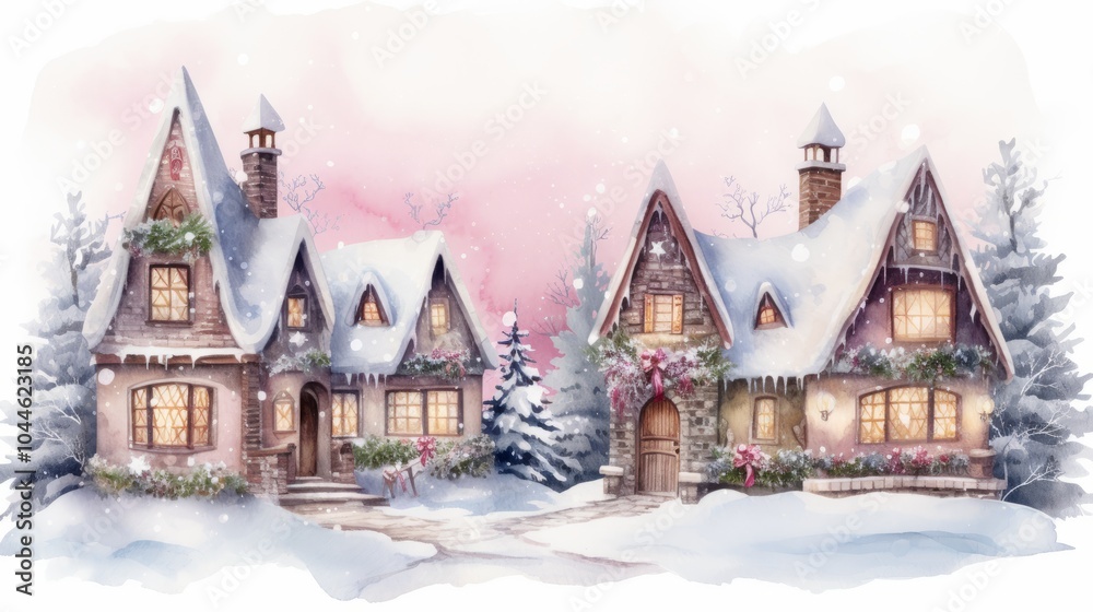 A painting depicting a snow-covered landscape with a house standing among snow-covered trees. Merry Christmas pink card. A painting depicting a snow-covered landscape with a house standing among snow-covered trees. Merry Christmas pink card.