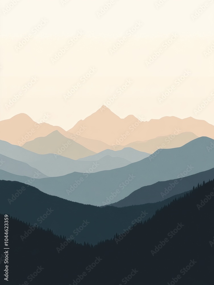 A tranquil silhouette of mountains emerges against a muted dawn sky, inviting exploration and adventure in the great outdoors. Generative AI A tranquil silhouette of mountains emerges against a muted dawn sky, inviting exploration and adventure in the great outdoors. Generative AI