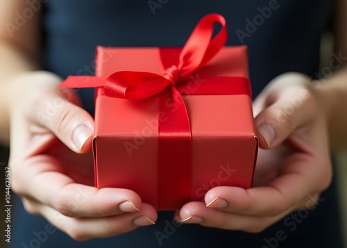 Person holds a small gift box with a bright red ribbon wrapped tightly around its edges.