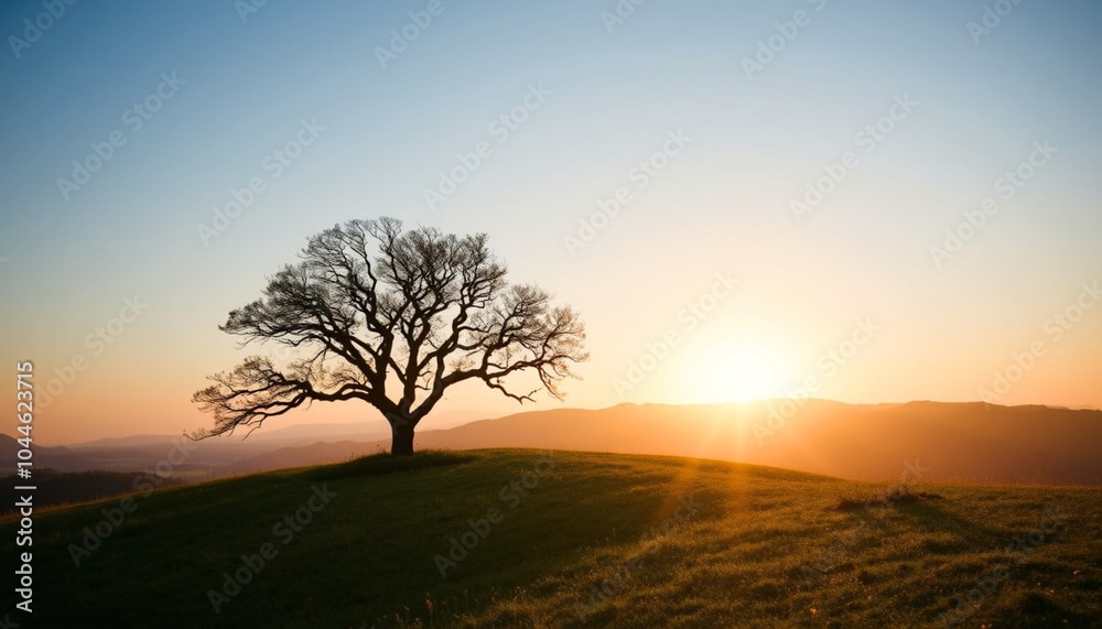 Tree on a Hilltop, A Lone Tree Stands on a Hilltop at Sunset with Mountains in the Background Tree on a Hilltop, A Lone Tree Stands on a Hilltop at Sunset with Mountains in the Background