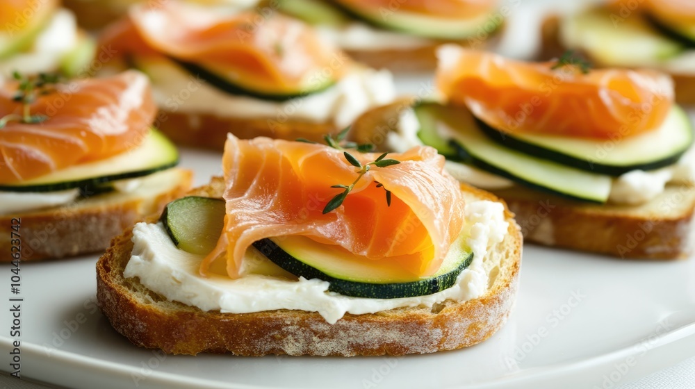 Tasty canapes featuring cheese and smoked salmon A delightful array of crostini with smoked salmon zucchini and cheese ideal for Italian appetizers Tasty canapes featuring cheese and smoked salmon A delightful array of crostini with smoked salmon zucchini and cheese ideal for Italian appetizers