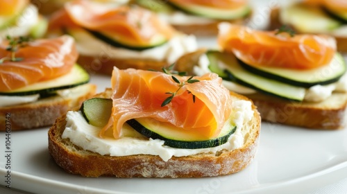 Tasty canapes featuring cheese and smoked salmon A delightful array of crostini with smoked salmon zucchini and cheese ideal for Italian appetizers