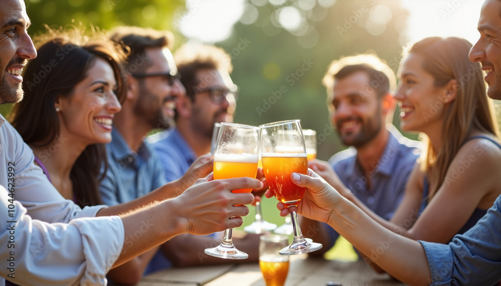 Group of friends toasting with drinks outdoors during a sunny gathering in the park
Group of friends toasting with drinks outdoors during a sunny gathering in the park