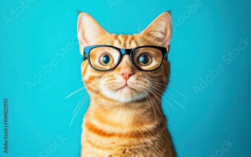 An eye-catching image of a vibrant cat with glasses, set on a vivid blue background, conveying a sense of fun and creativity