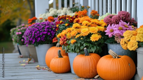 Colorful pumpkins and flowers adorn a porch enhancing home exterior with festive seasonal decor