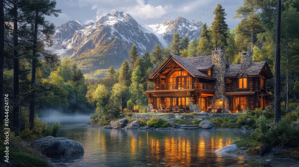 Scenic mountain lodge with rustic architecture and panoramic views. Featuring a charming and relaxing retreat. Highlighting nature and mountain landscapes. Ideal for travel and lifestyle magazines. Scenic mountain lodge with rustic architecture and panoramic views. Featuring a charming and relaxing retreat. Highlighting nature and mountain landscapes. Ideal for travel and lifestyle magazines.