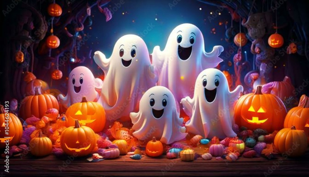 A fun and colorful Halloween scene with a pumpkin and ghost, blending playful elements like toys and animals, in a cartoon style perfect for childrenA fun and colorful Halloween scene with a pumpkin a A fun and colorful Halloween scene with a pumpkin and ghost, blending playful elements like toys and animals, in a cartoon style perfect for childrenA fun and colorful Halloween scene with a pumpkin a
