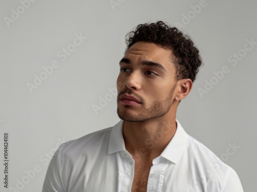 Studio portrait of a handsome biracial man in white shirt, elegant modern portrait of mixed-race fashion male model