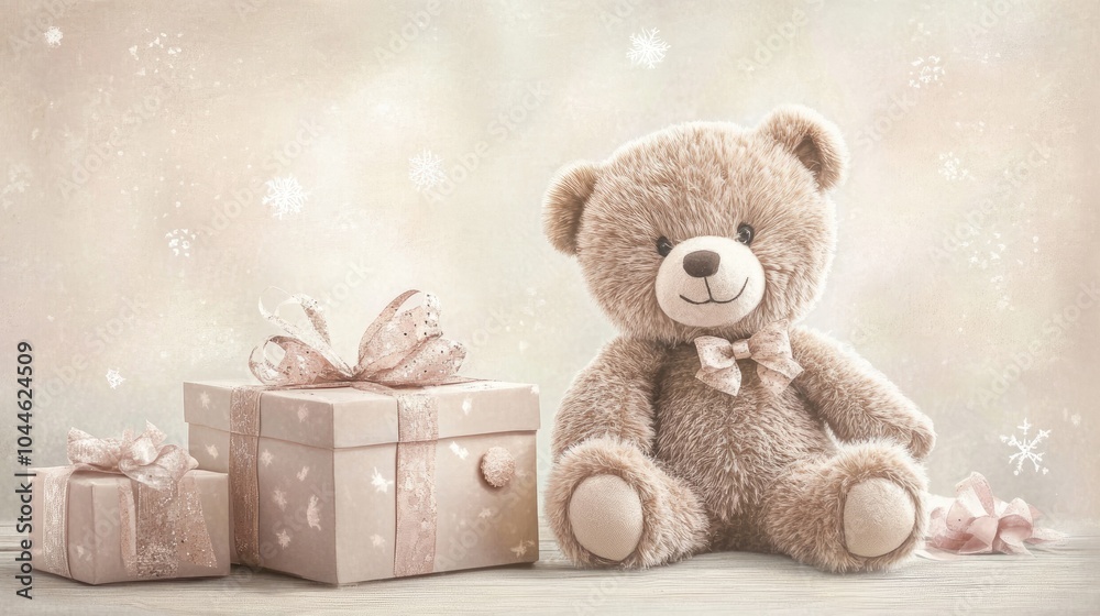 Birthday postcard featuring a teddy bear and a gift box in soft neutral hues