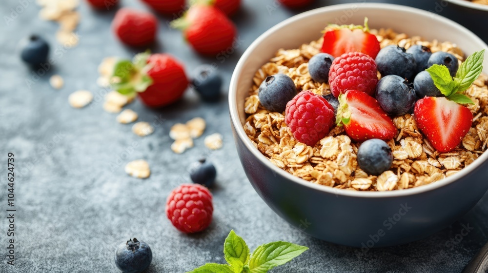 Homemade oatmeal granola or muesli topped with fresh berries for a nutritious breakfast with selective focus and a healthy food backdrop offering ample copy space Homemade oatmeal granola or muesli topped with fresh berries for a nutritious breakfast with selective focus and a healthy food backdrop offering ample copy space