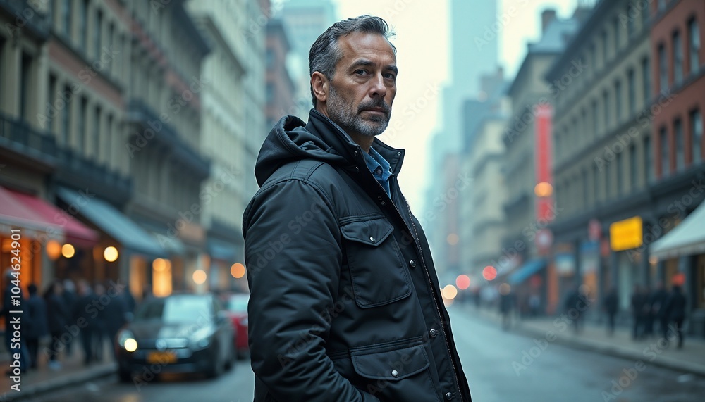 Confident man in a black jacket standing on a busy city street
Confident man in a black jacket standing on a busy city street