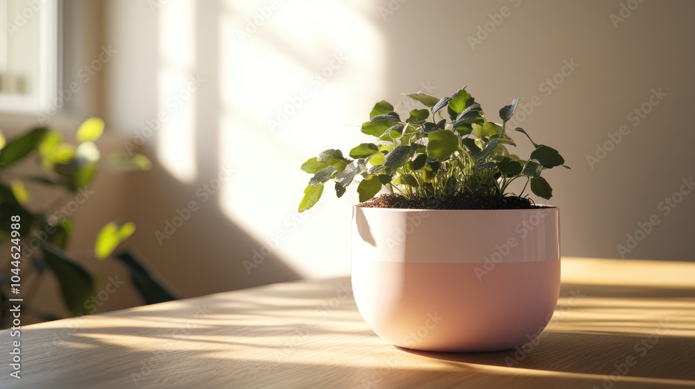 Minimalistic houseplant pot with a pink hue placed on a wooden table illuminated by natural light Minimalistic houseplant pot with a pink hue placed on a wooden table illuminated by natural light