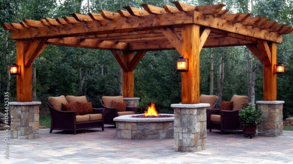 Cozy Backyard Retreat with Rustic Pergola and Fire Pit for Relaxation and Leisure