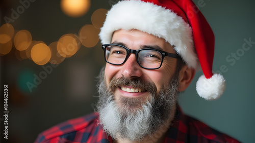 Man wears Santa hat and smiles widely with his glasses on today.