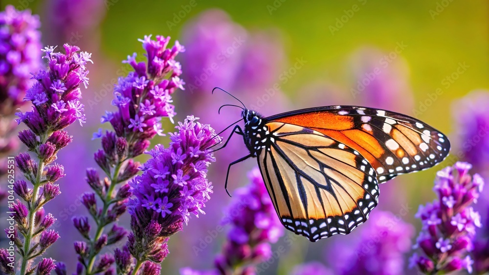 Fototapeta premium Silhouette of a monarch butterfly on purple liatris flowers