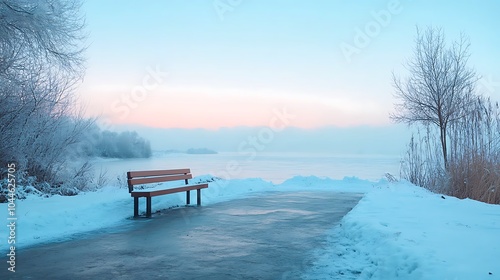 Serene winter landscape with a frozen lake snow-covered pathway and a tranquil bench at dawn