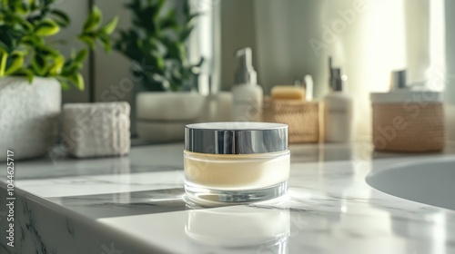 A glass jar of face cream displayed on a marble bathroom countertop