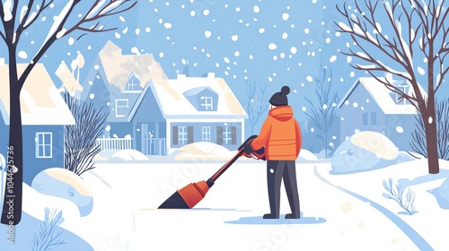 Person shoveling snow in winter, cozy neighborhood, snow-covered houses in the background.