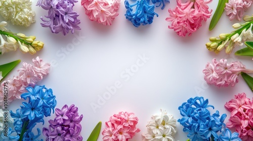 Colorful background featuring a frame of spring hyacinth flowers from a top perspective providing ample space for text