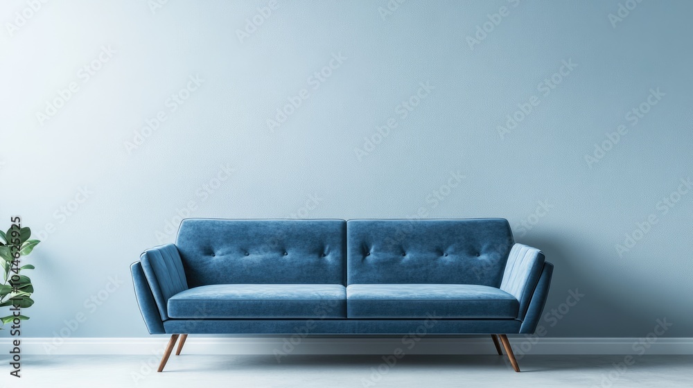 Fototapeta premium Dusty blue sofa against a bare wall Contemporary monochrome interior ideal for mockup wall art display Promotional background with ample copy space