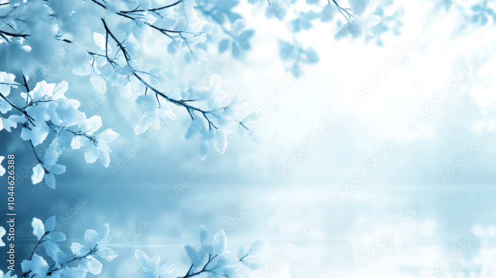 Obraz premium serene winter scene featuring frosted branches with delicate leaves, reflecting softly on tranquil body of water. cool blue tones evoke peaceful and calm atmosphere