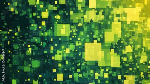 pixelated graphic background with various shades of green and yellow, creating a retro video game look, perfect for gaming or tech-themed projects