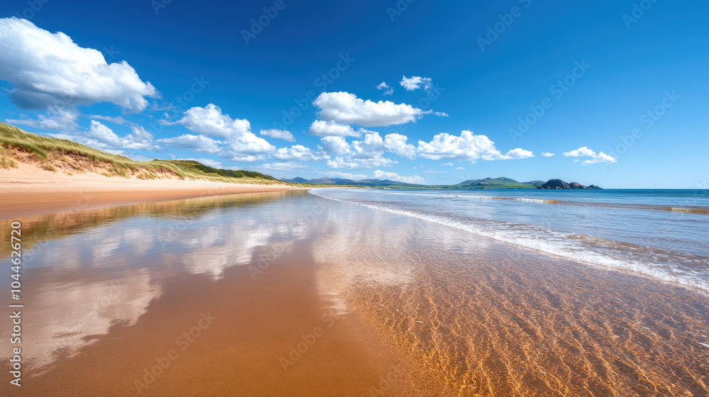 serene beach scene featuring golden sand, gentle waves, and clear blue sky with fluffy clouds reflecting on water. tranquil atmosphere invites relaxation and peace serene beach scene featuring golden sand, gentle waves, and clear blue sky with fluffy clouds reflecting on water. tranquil atmosphere invites relaxation and peace