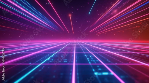 A retro 80s-inspired graphic background with neon lines, grids, and glowing elements, evoking nostalgia and a futuristic vibe for tech and gaming visuals photo