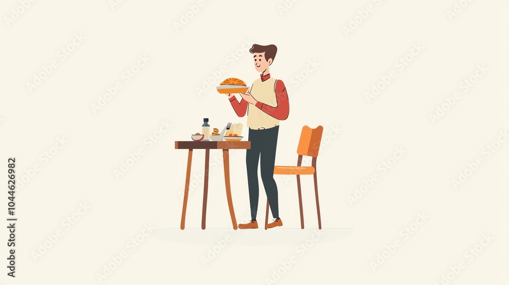 A cartoon man enjoying a burger at a table, set against a simple background, emphasizing food and leisure. A cartoon man enjoying a burger at a table, set against a simple background, emphasizing food and leisure.